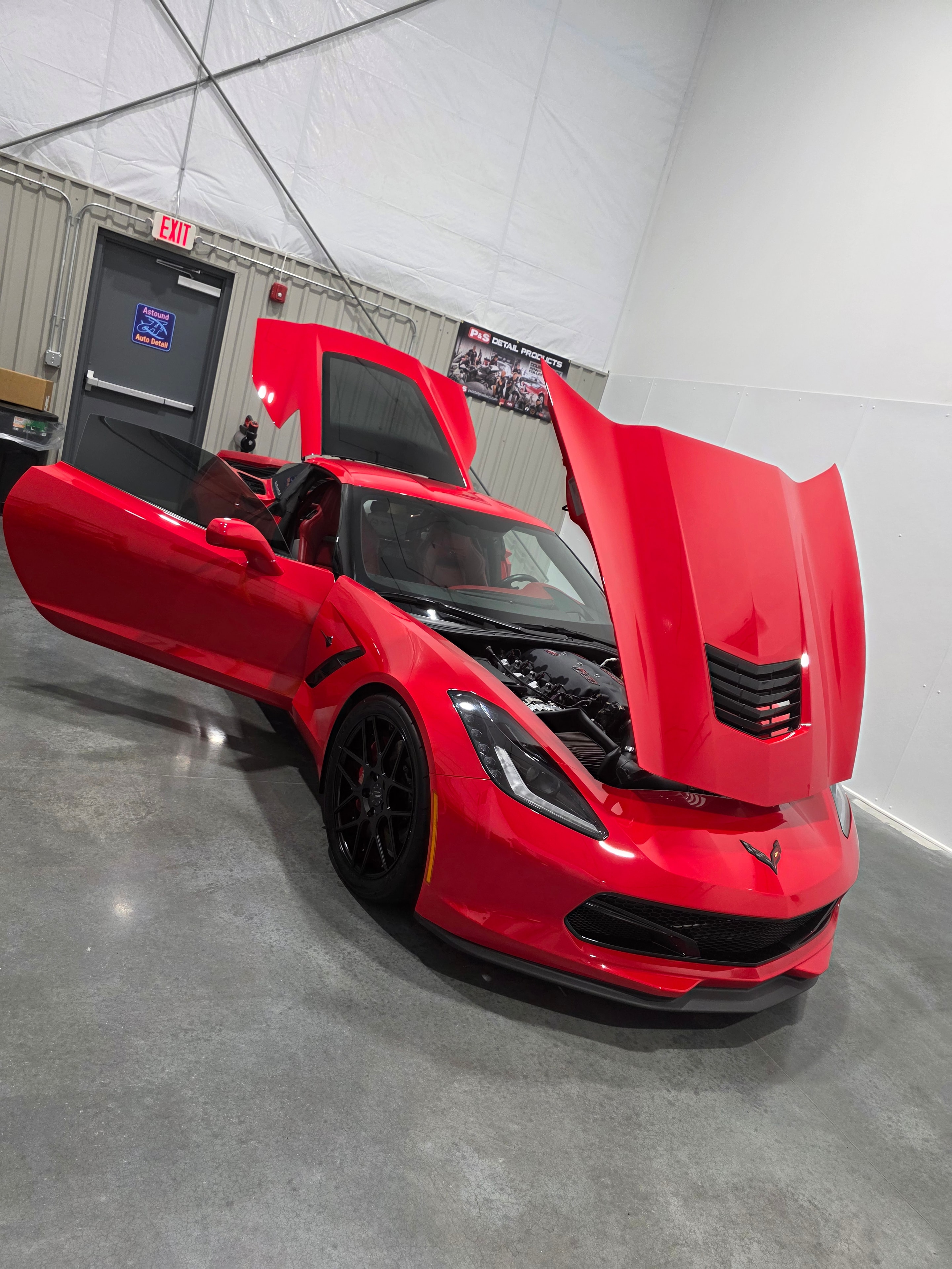 After — Red C6 Corvette — Hood Open at the New Shop
