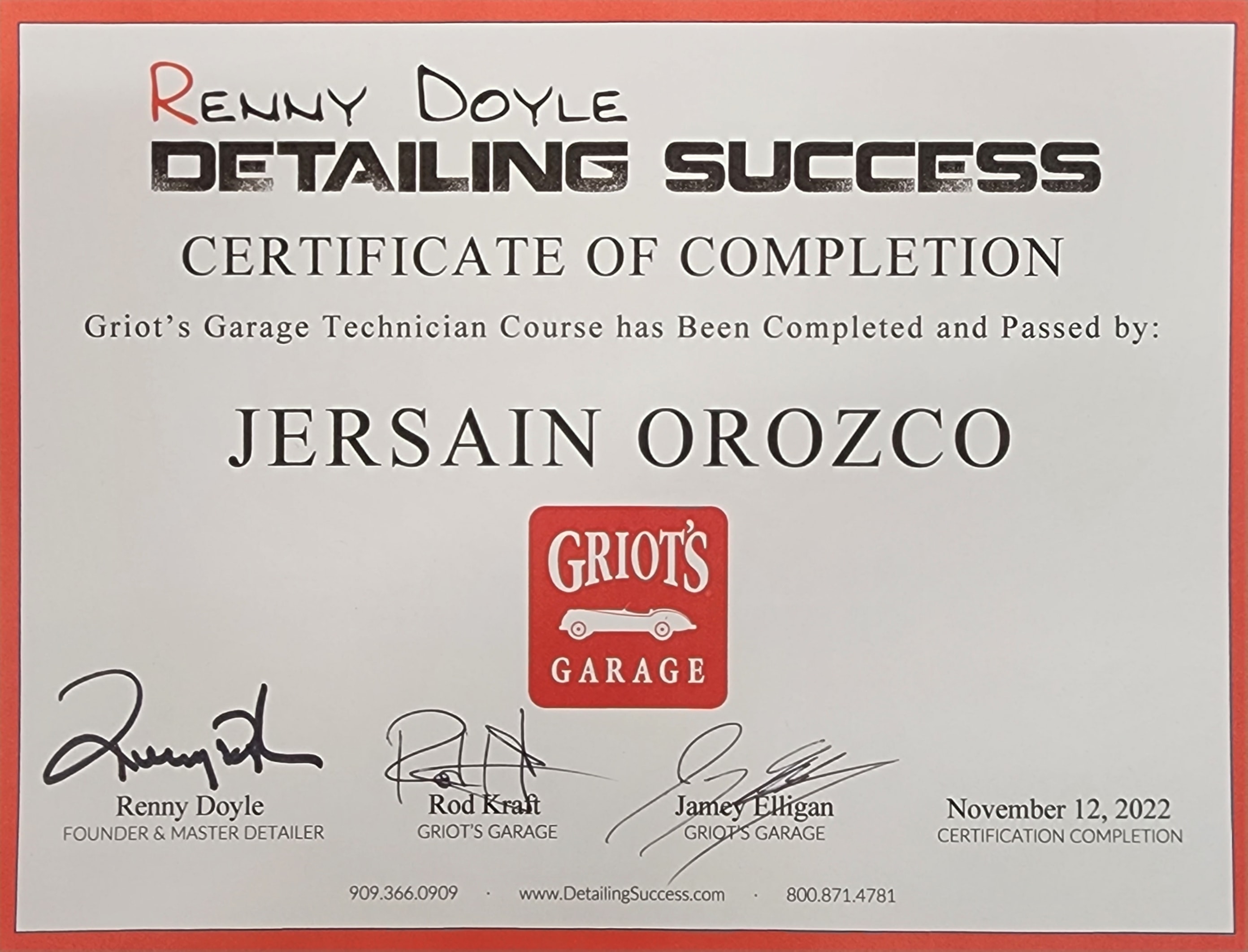 Jersain's Griot's Garage certification